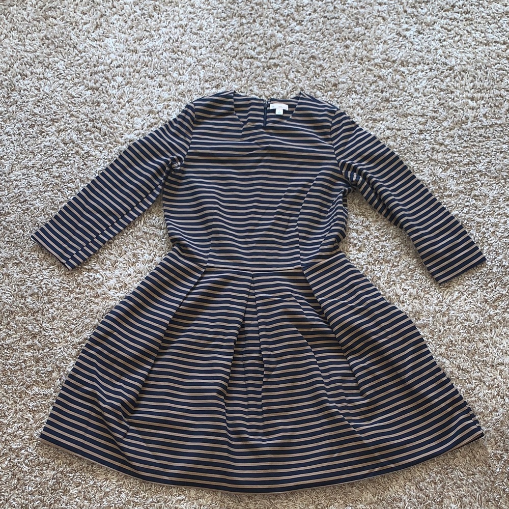 Gap Women’s Black and Tan Brown Striped 3/4-Sleeve Pleated Skater Dress Size 6
